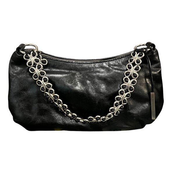 Elliott Lucca Black Leather Handbag With Silver Chain Strap & Zipper Closure - Picture 12 of 13
